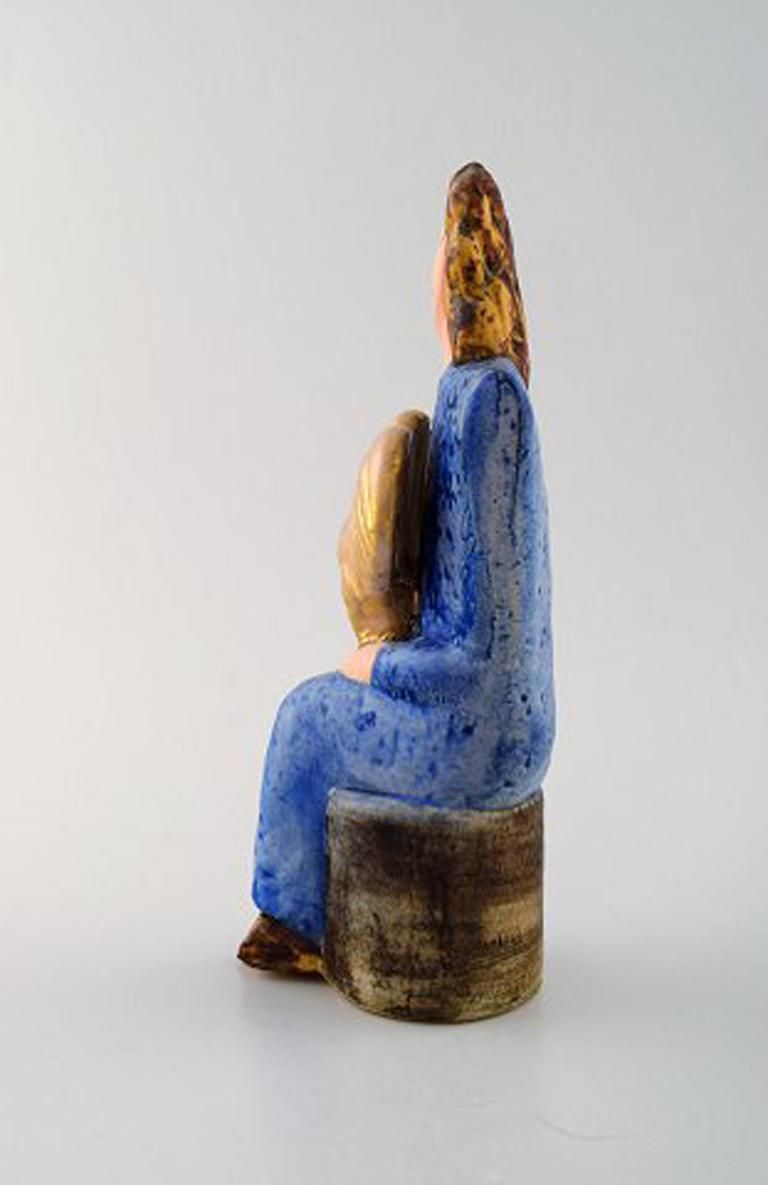 Very Rare Lisa Larson Unique Figure Of Sitting Woman In Blue With Golden Rooster photo 1400.0