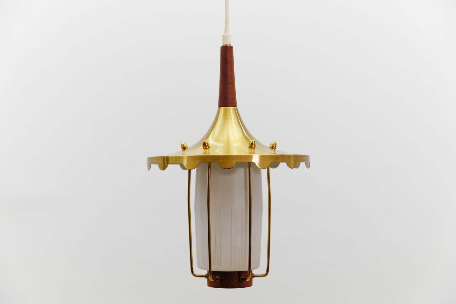 Lovely And Rare Scandinavian Teak, Opaline Glass And Brass Lamp, 1960s photo Lighting