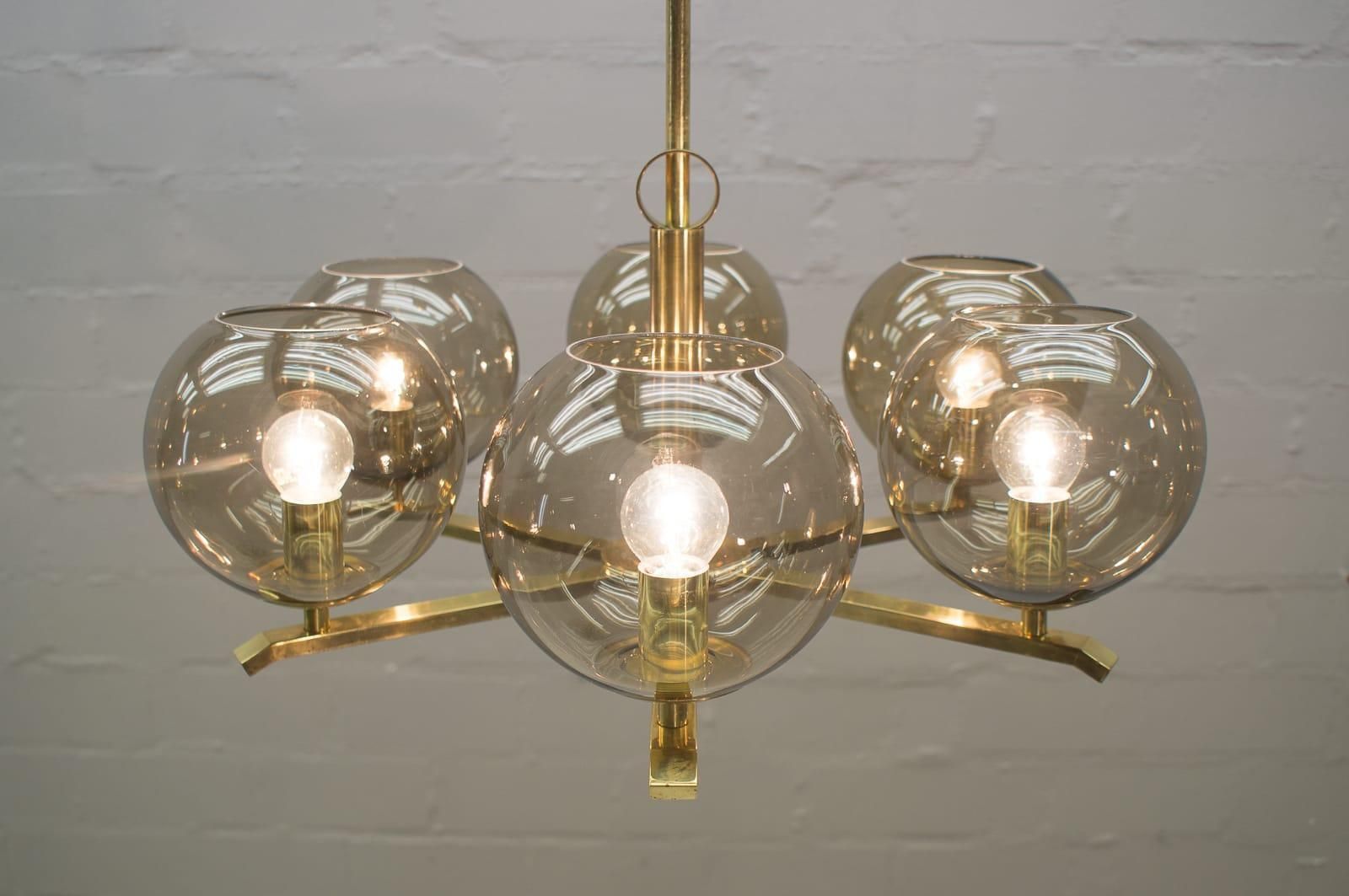 Elegant 1960s Brass Ceiling Lamp With 8 Smoked Glass Globes, Germany photo 1062.0