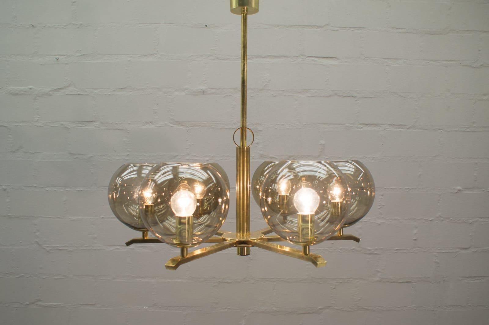 Elegant 1960s Brass Ceiling Lamp With 8 Smoked Glass Globes, Germany photo vinterior