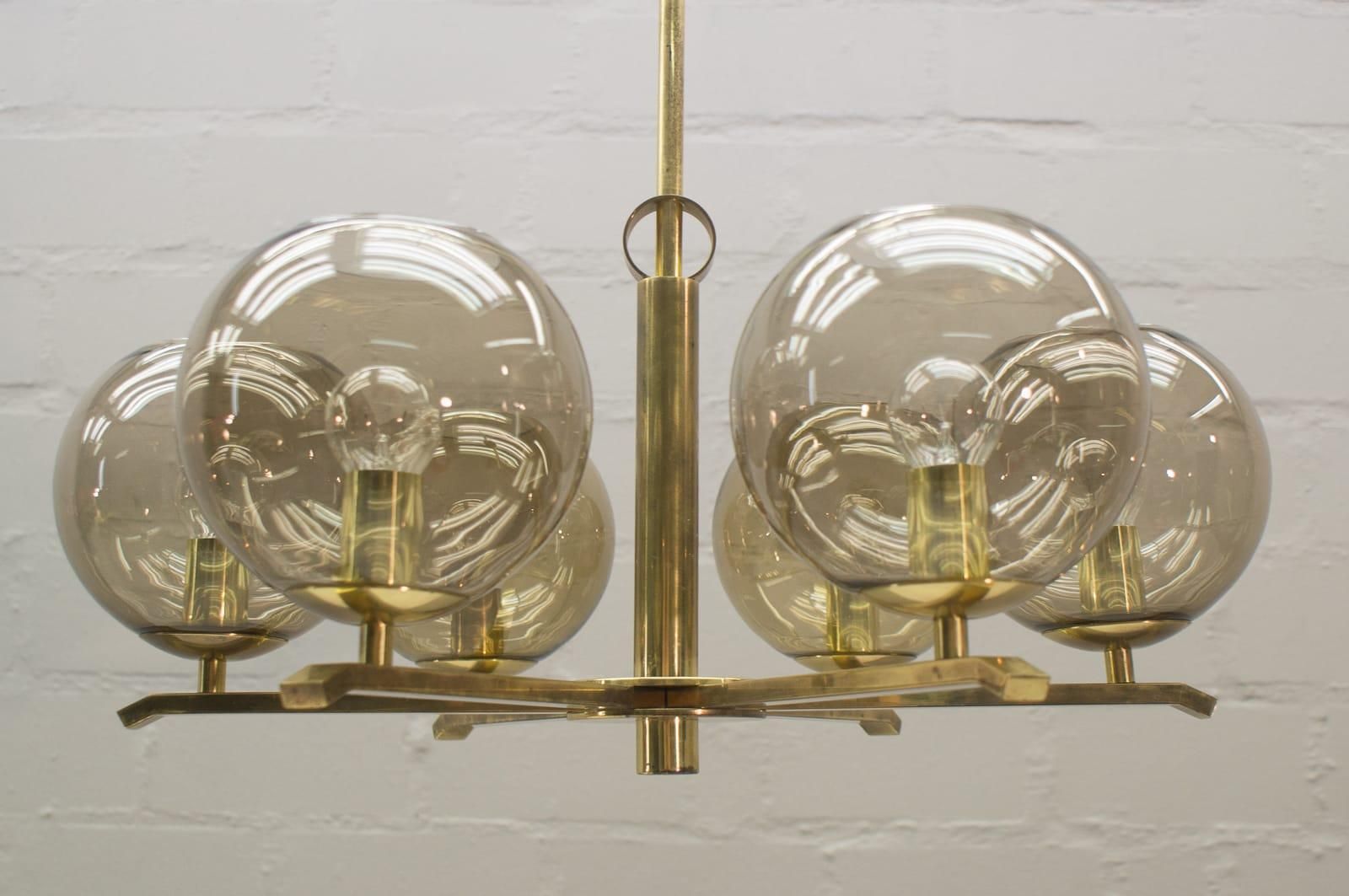 photo furniture Elegant 1960s Brass Ceiling Lamp With 8 Smoked Glass Globes, Germany