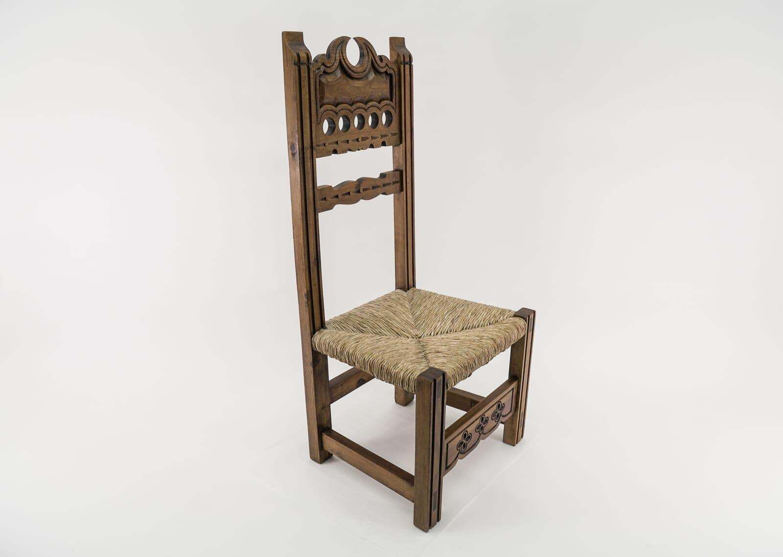 Great Hand Carved Wooden High Back Chair With Sea Grass Seat From Spain, 1960s photo for sale
