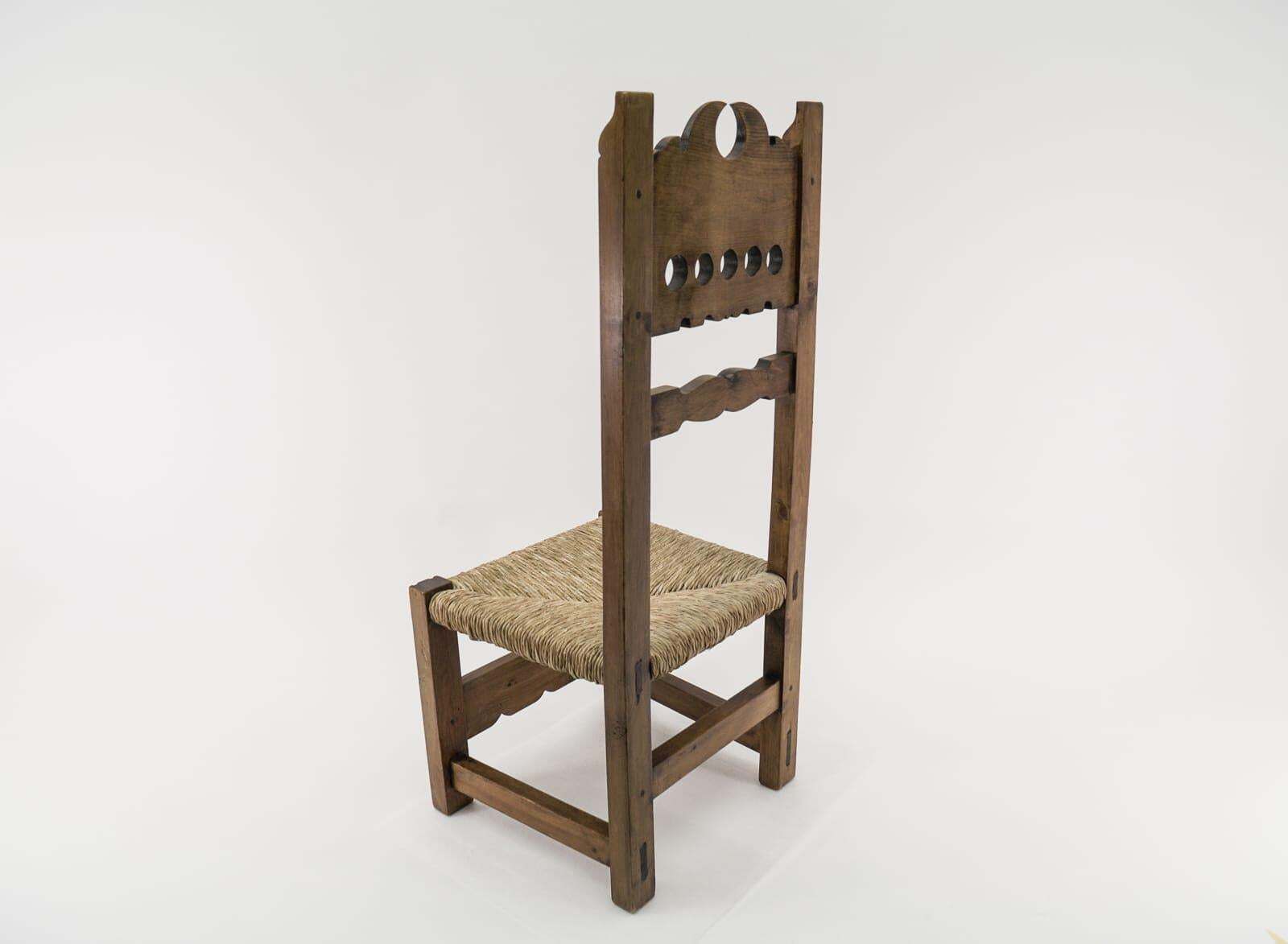 Great Hand Carved Wooden High Back Chair With Sea Grass Seat From Spain, 1960s photo 1189.0