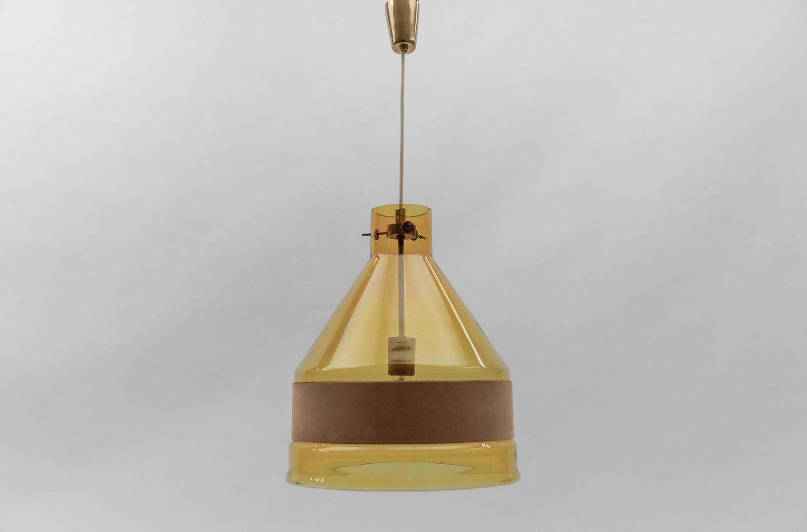 Huge J.T. Kalmar Yellow Tinted Glass Pendant Lamp With Leather, Austria 1970s photo for sale