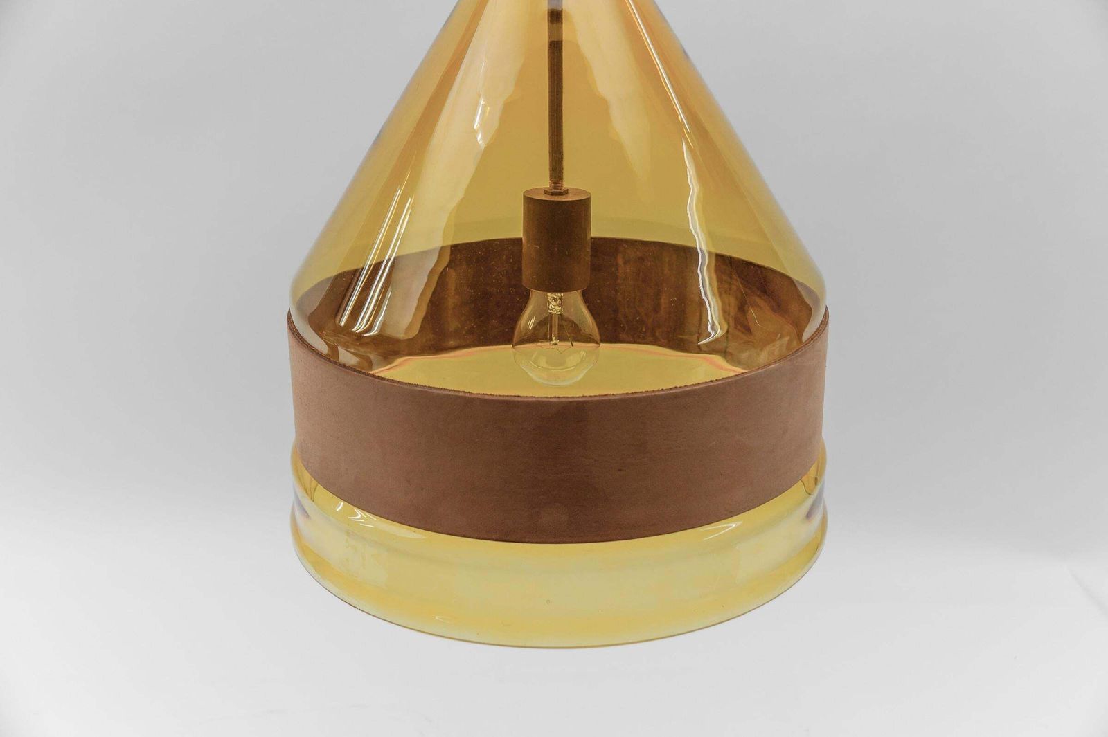 Huge J.T. Kalmar Yellow Tinted Glass Pendant Lamp With Leather, Austria 1970s photo vinterior