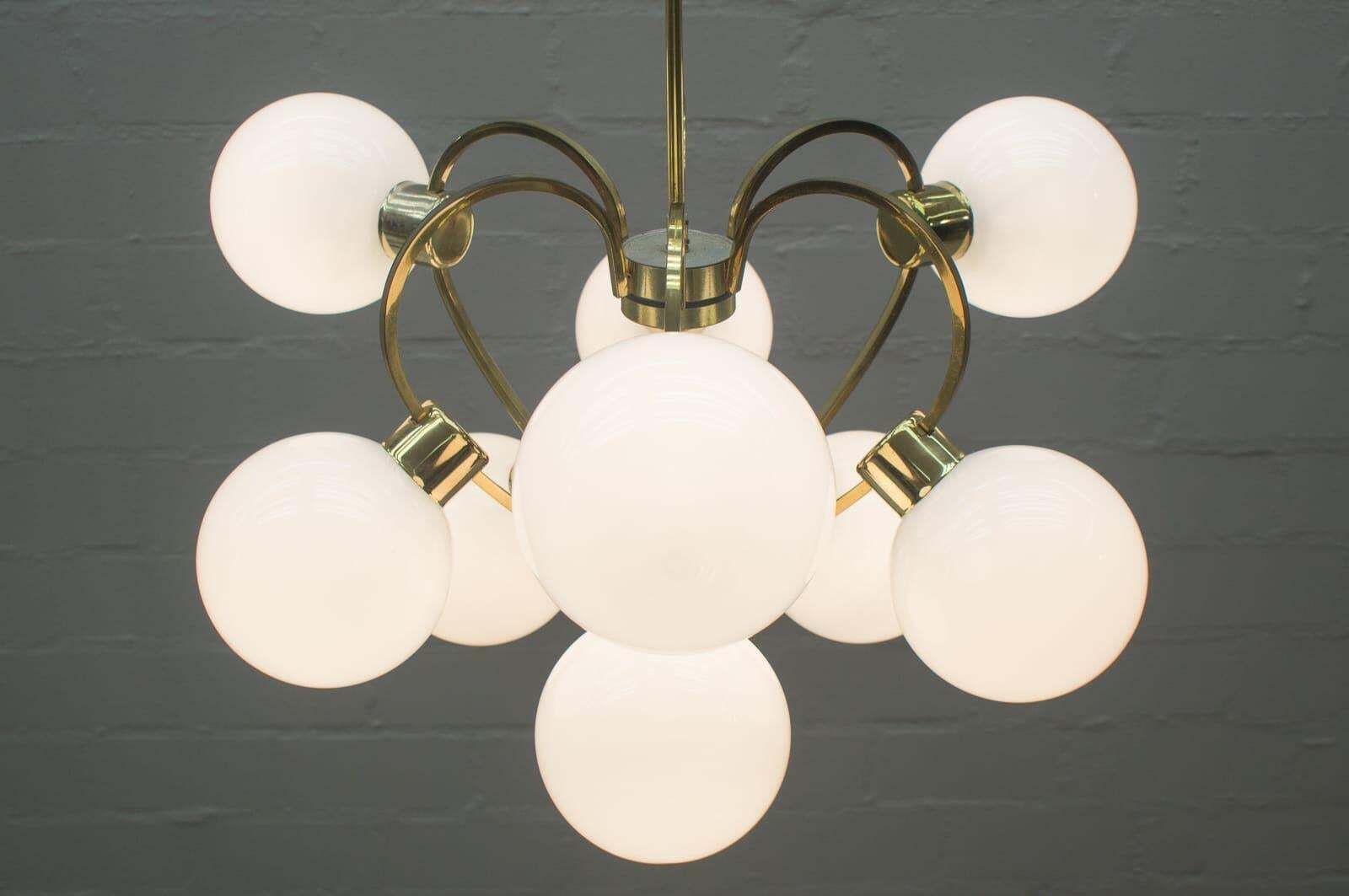 Elegant 1960s Brass Ceiling Lamp With 9 Opaline Glass Globes photo vinterior