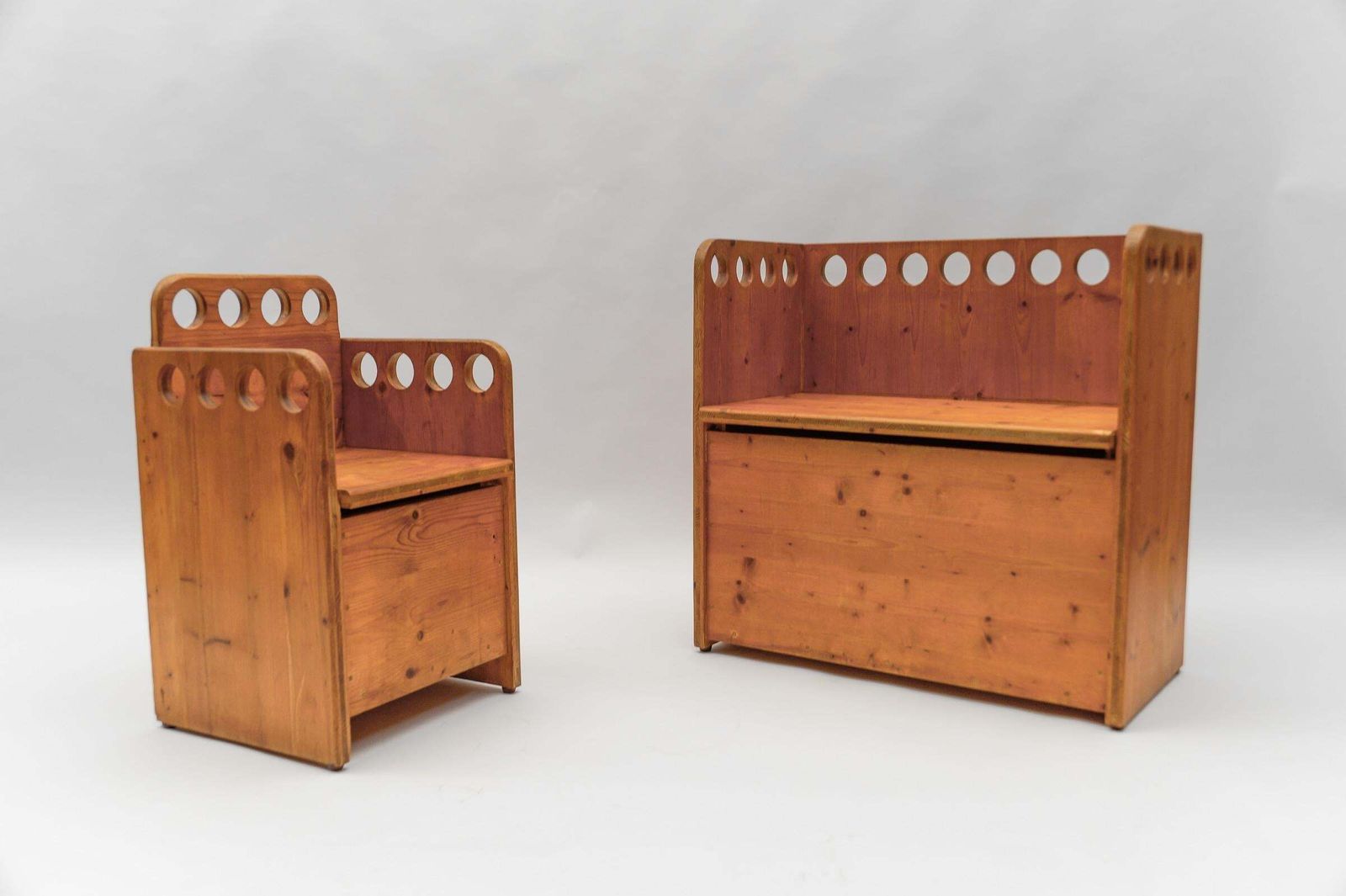 Awesome And Rare Scandinavian Pine Wood Childs Set   Chair And Bench, 1960s photo for sale