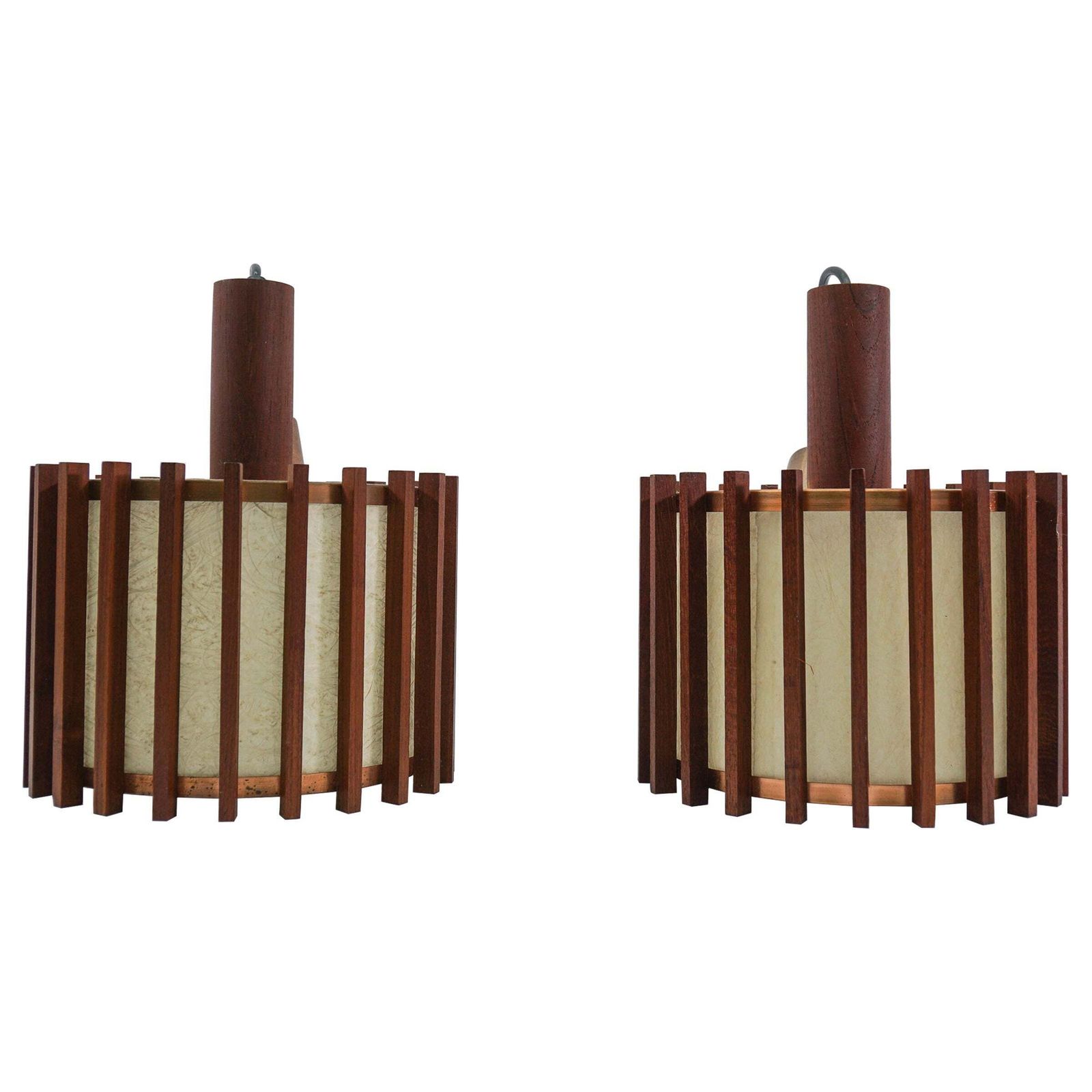 Pair Of Scandinavian Mid Century Modern Ceiling Lamps In Teak Wood And Copper