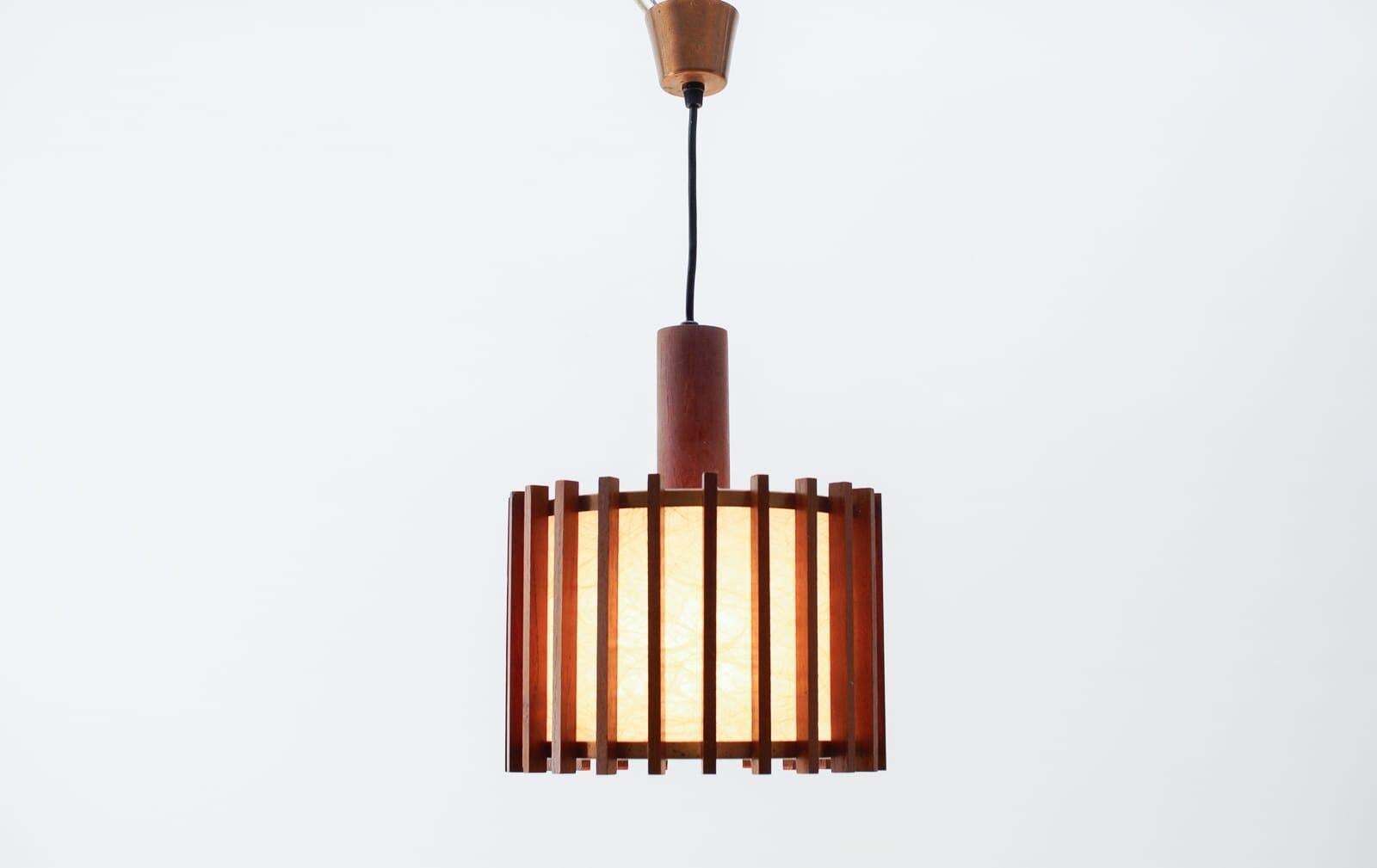 Pair Of Scandinavian Mid Century Modern Ceiling Lamps In Teak Wood And Copper photo for sale