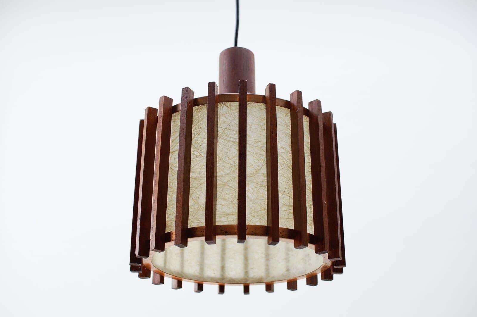 Pair Of Scandinavian Mid Century Modern Ceiling Lamps In Teak Wood And Copper photo Lighting