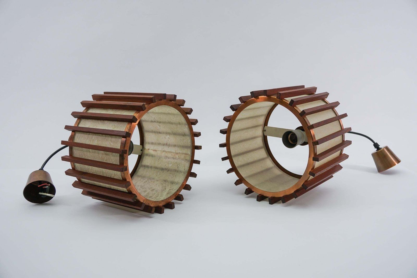 Pair Of Scandinavian Mid Century Modern Ceiling Lamps In Teak Wood And Copper photo vintage