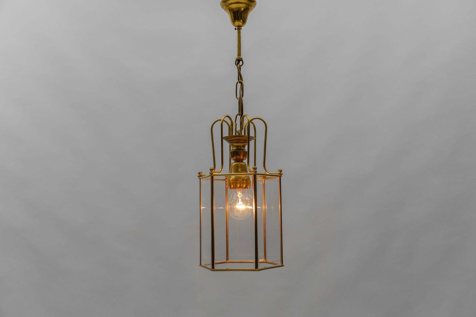 Art Deco Cut Glass Pendant Lamp In Brass, 1940s / 1950s photo for sale