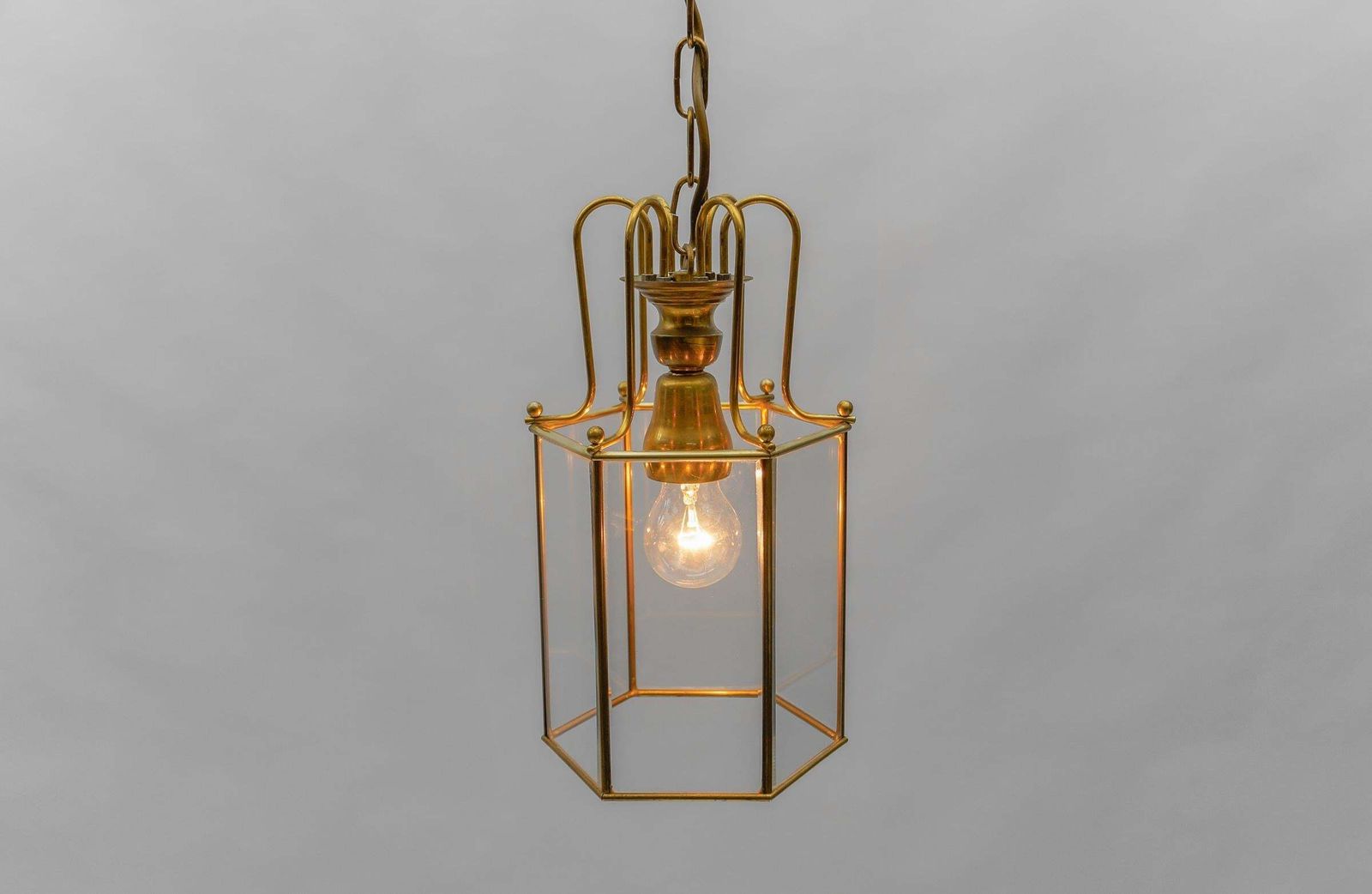 Art Deco Cut Glass Pendant Lamp In Brass, 1940s / 1950s photo vintage