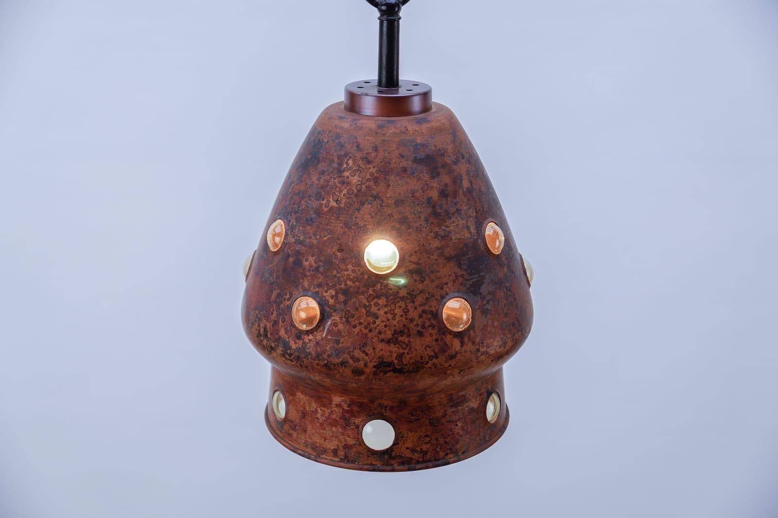Pair Elegant Mid Century Modern Copper And Glass Bubbles Pendant Lamp, 1960s photo vintage