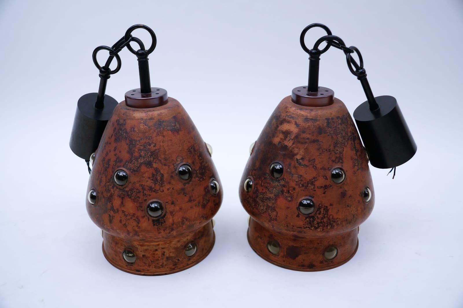photo furniture Pair Elegant Mid Century Modern Copper And Glass Bubbles Pendant Lamp, 1960s