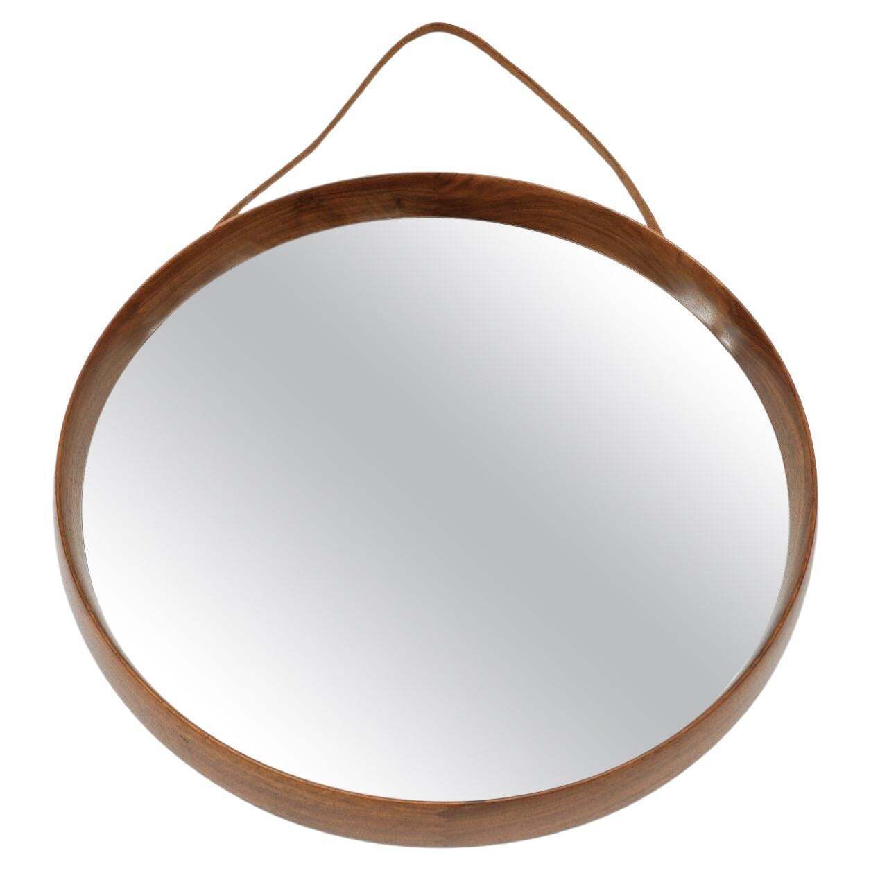 Lovely Round Wall Mirror In Teak And Leather, Sweden 1960s