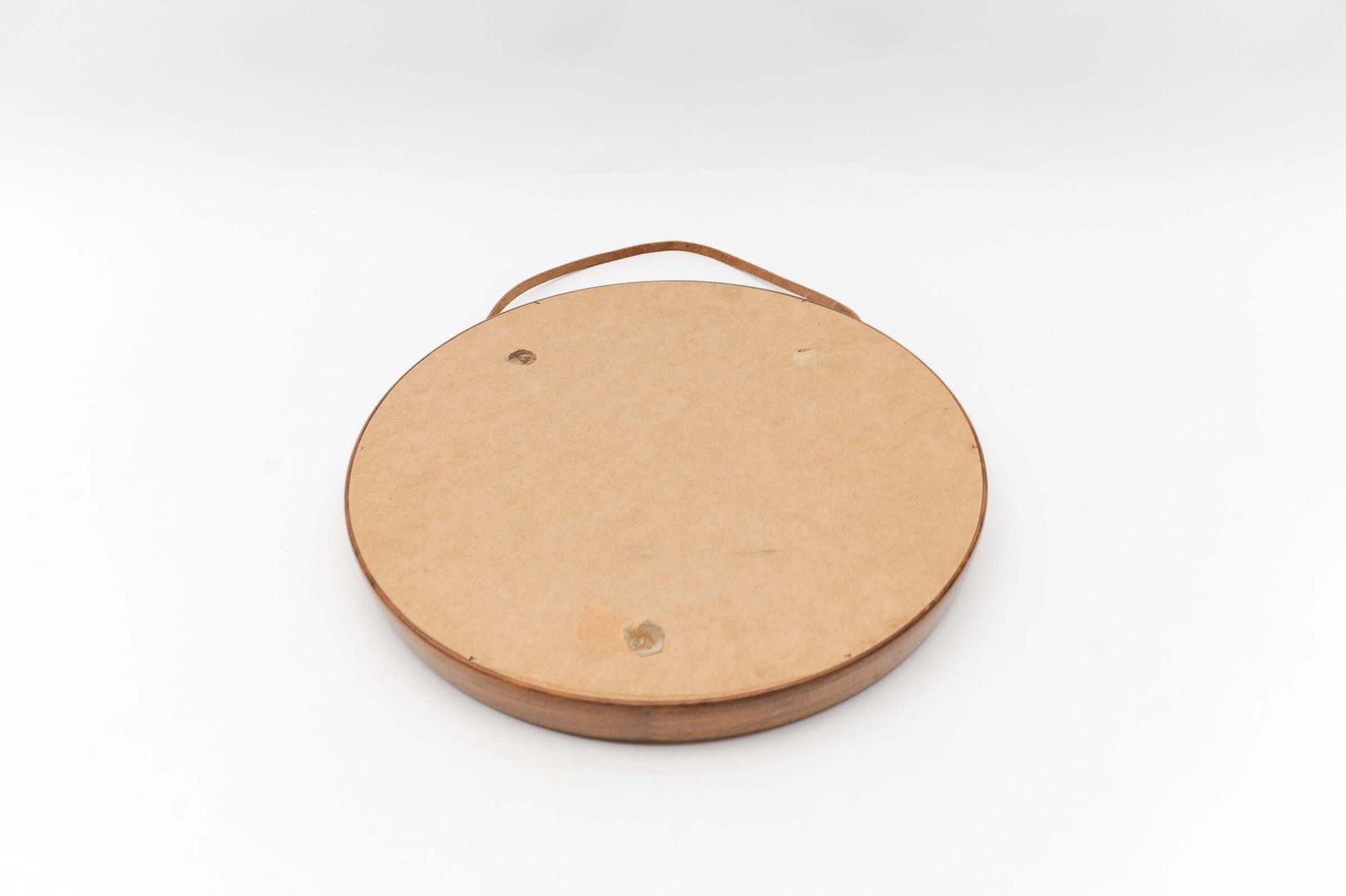 Lovely Round Wall Mirror In Teak And Leather, Sweden 1960s photo buy