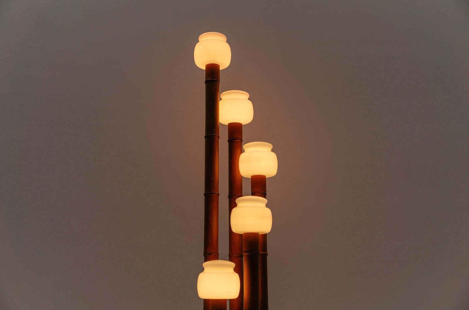 Rare Mid Century Modern Bamboo Floor Lamp With Five Opal Glass Shades, 1960s photo buy