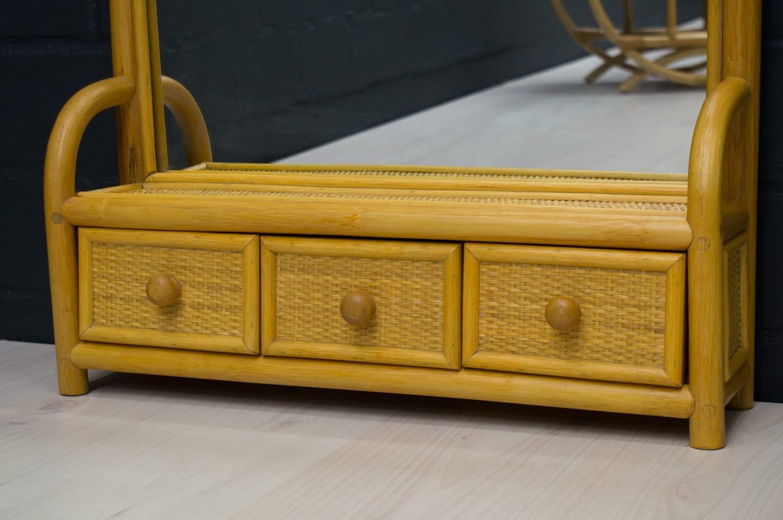 Bathroom Bamboo And Rattan Wall Mirror With Three Drawers, 1960s Italy photo for sale