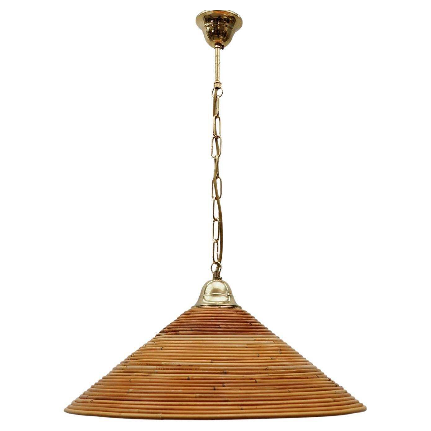 Lovely Mid Century Modern Pendant Light Made In Rattan And Brass , 1950s