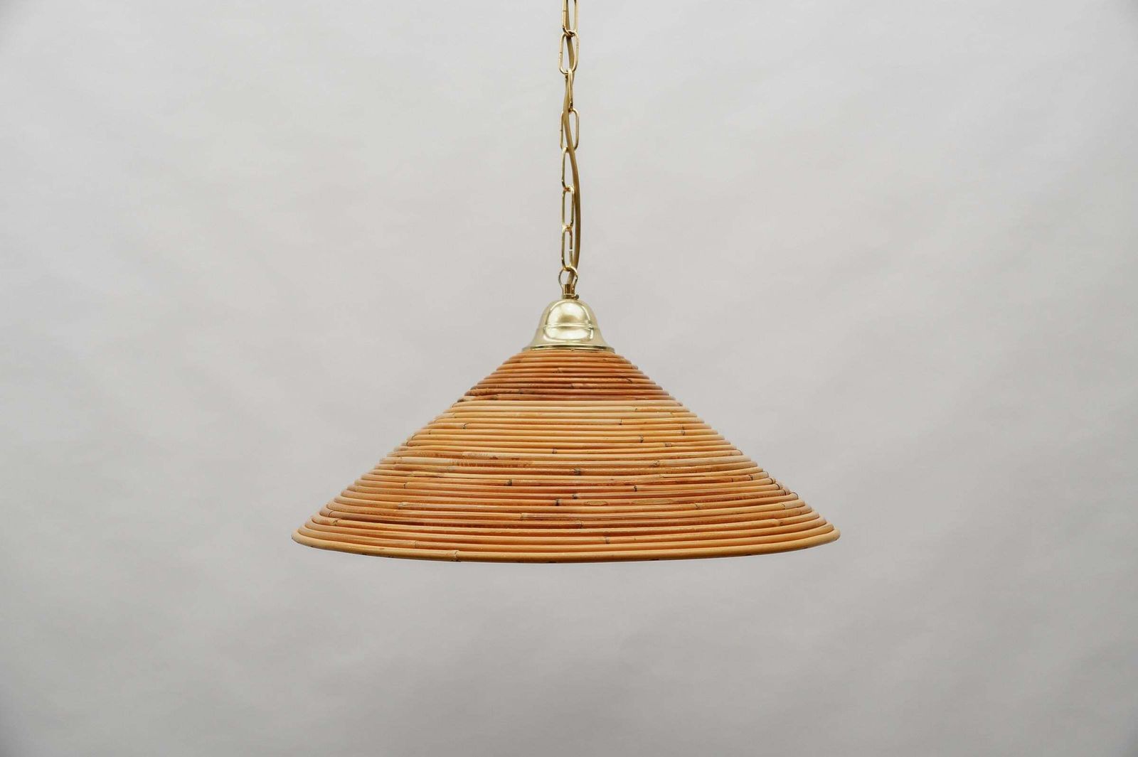 Lovely Mid Century Modern Pendant Light Made In Rattan And Brass , 1950s photo Lighting