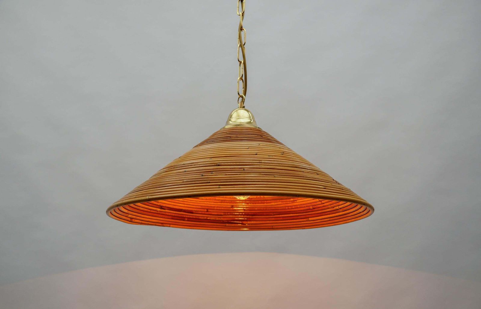 photo for sale Lovely Mid Century Modern Pendant Light Made In Rattan And Brass , 1950s