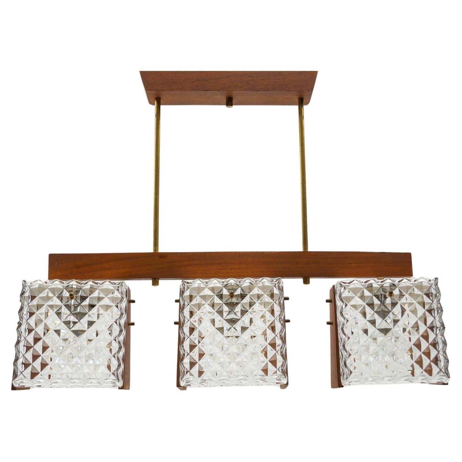 Scandinavian Ceiling Lamp Made In Teak, Crystal Glass And Brass, 1960s, 1960s