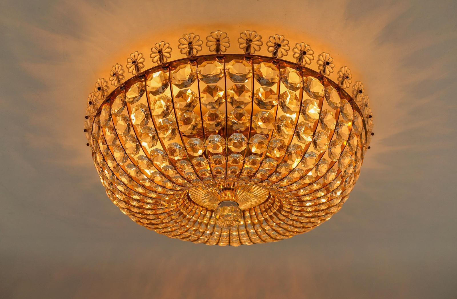 Ceiling Lamp With Glass Stones And Flowers Brass Frame Vereinigte Werkstätten photo for sale