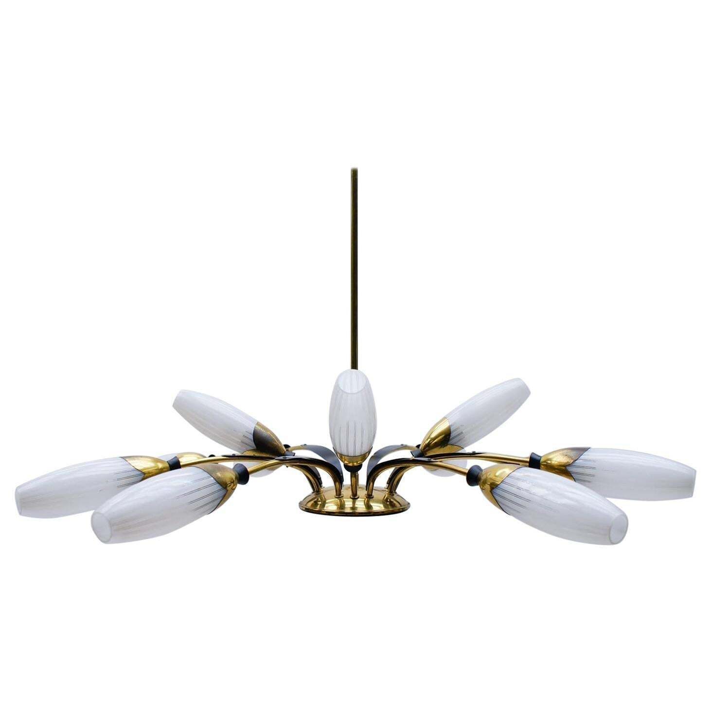 Mid Century Italian Brass And Glass 12 Arm Sputnik Ceiling Lamp, 1950s