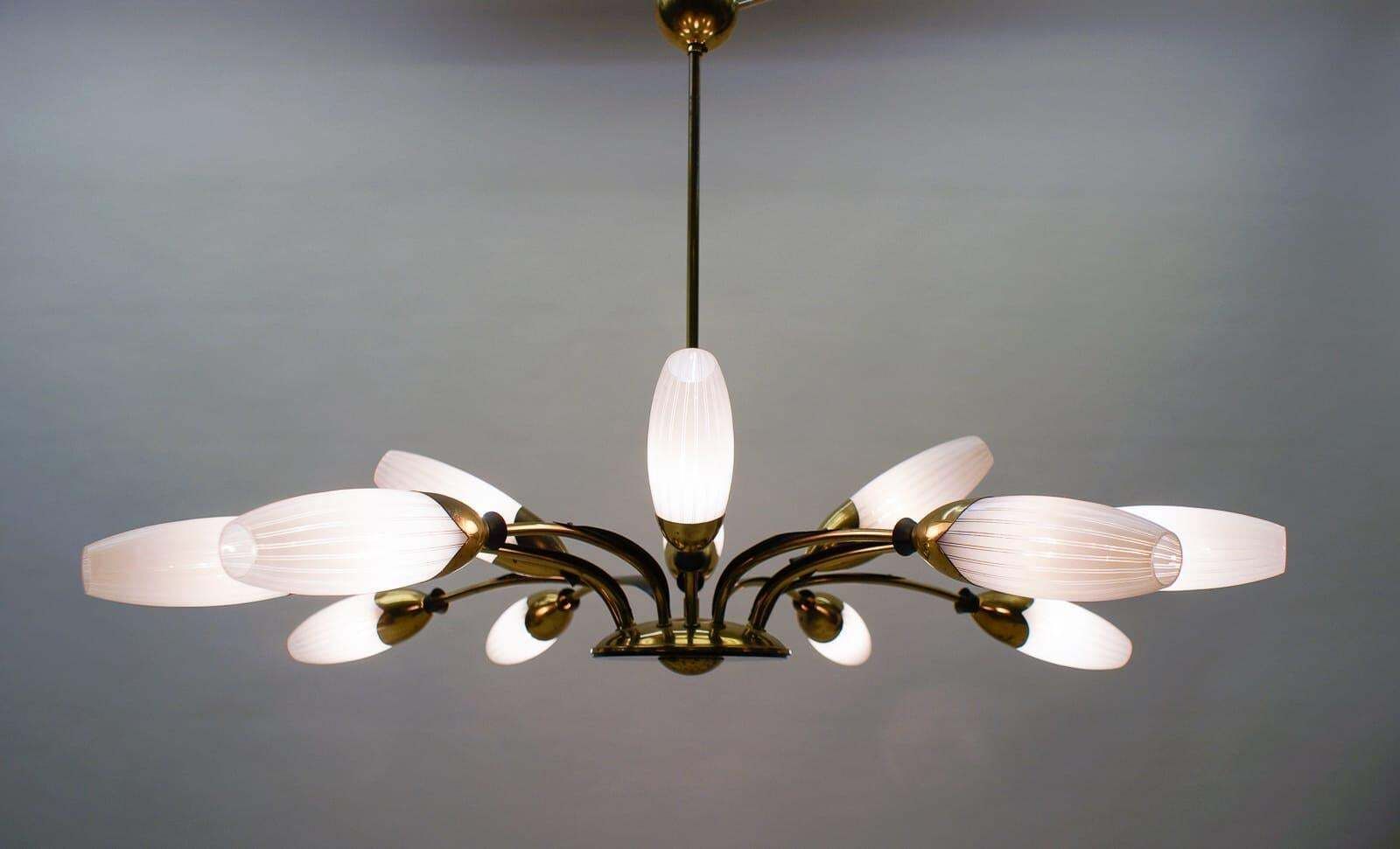 Mid Century Italian Brass And Glass 12 Arm Sputnik Ceiling Lamp, 1950s photo Lighting