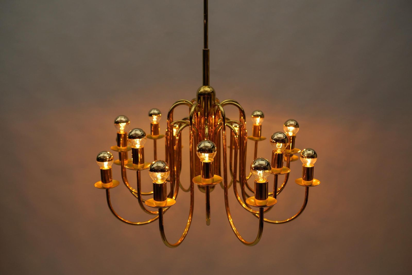 Lovely Elegant Mid Century Modern Brass Chandelier Lamp, Italy 1970s photo buy