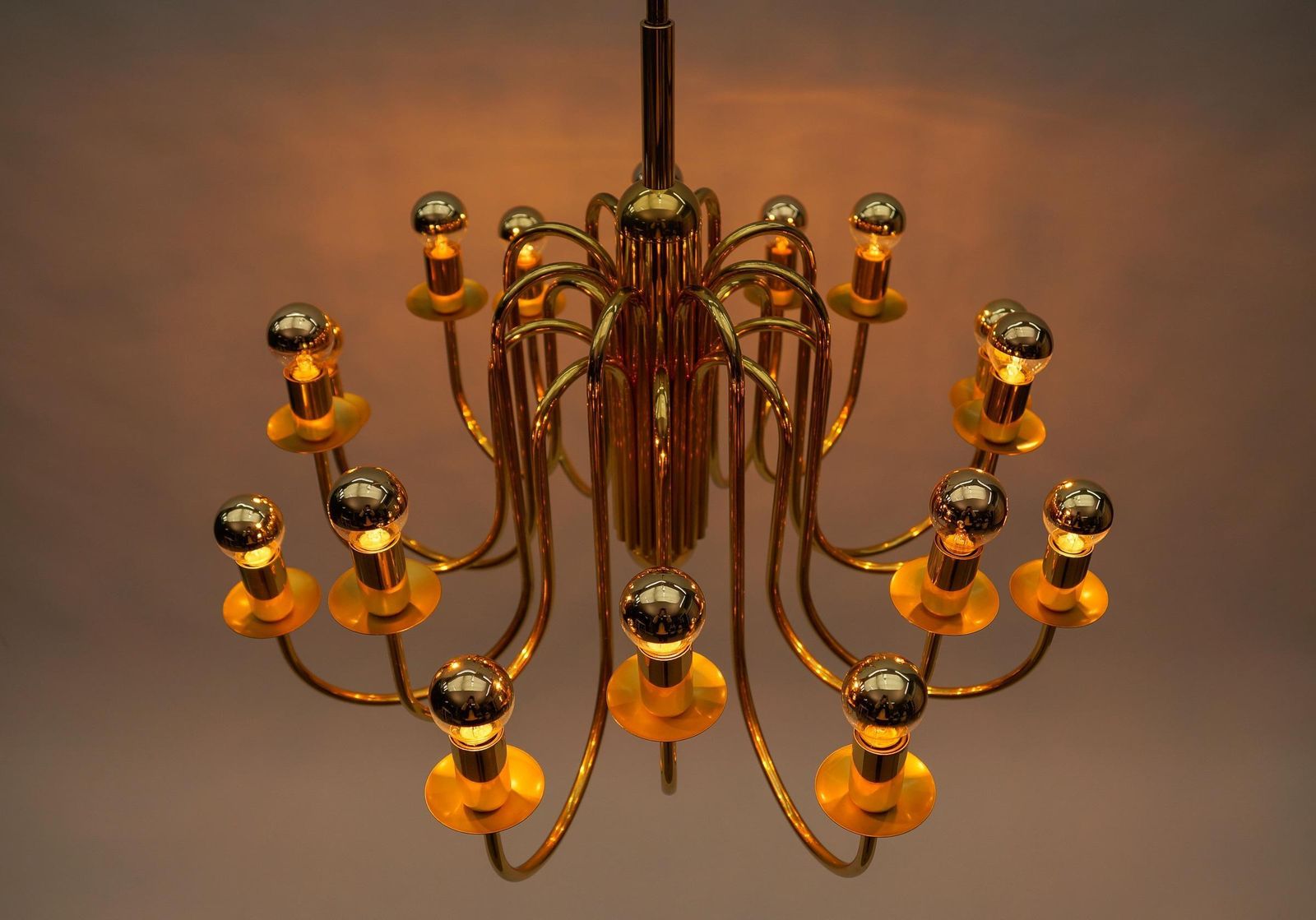 1571.0 Lovely Elegant Mid Century Modern Brass Chandelier Lamp, Italy 1970s photo