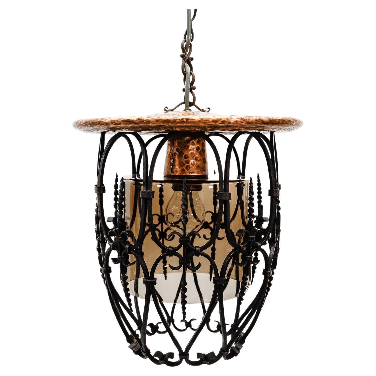 Mid Century Modern Ceiling Lamp Made In Iron, Copper And Glass, 1950s