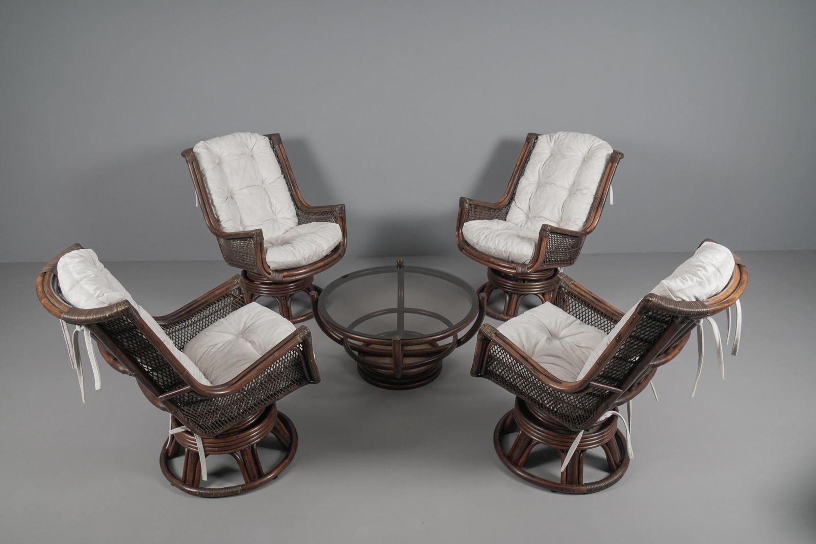 New Upholstered Rattan Seating Set, 4x Armchairs 1x Stool 1x Coffee Table, 1960s photo 2718.0