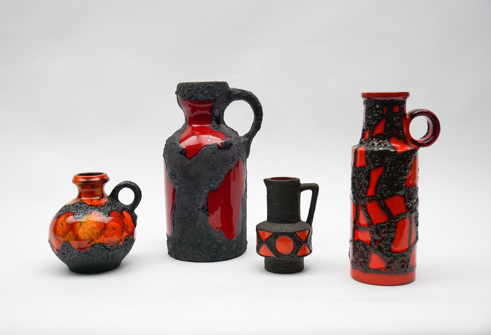 Set Of 4 Red And Orange Fat Lava Ceramic Vases, 1960s Germany photo furniture