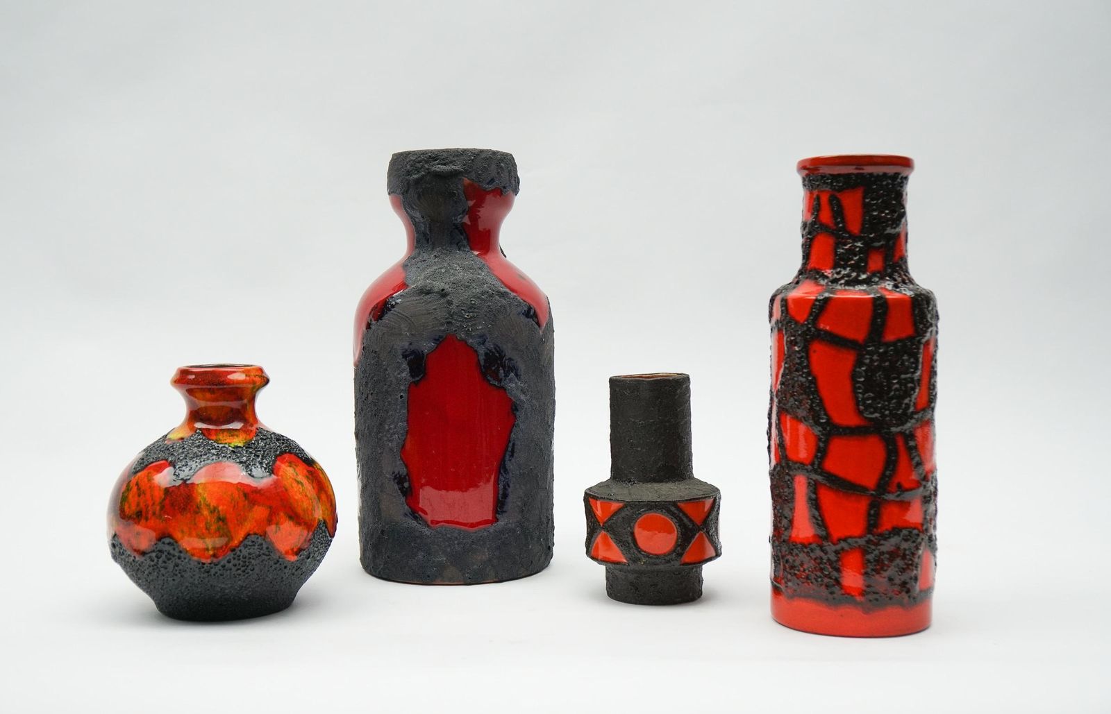 Set Of 4 Red And Orange Fat Lava Ceramic Vases, 1960s Germany photo for sale