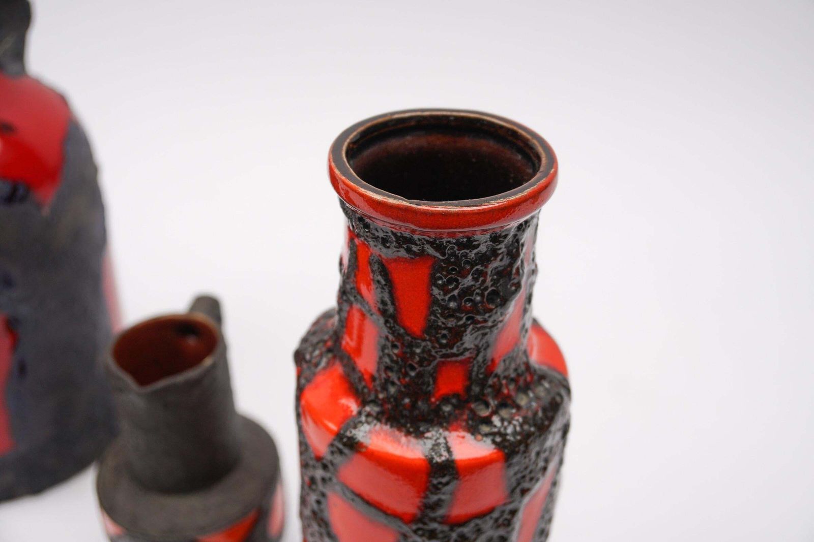 Set Of 4 Red And Orange Fat Lava Ceramic Vases, 1960s Germany photo vintage