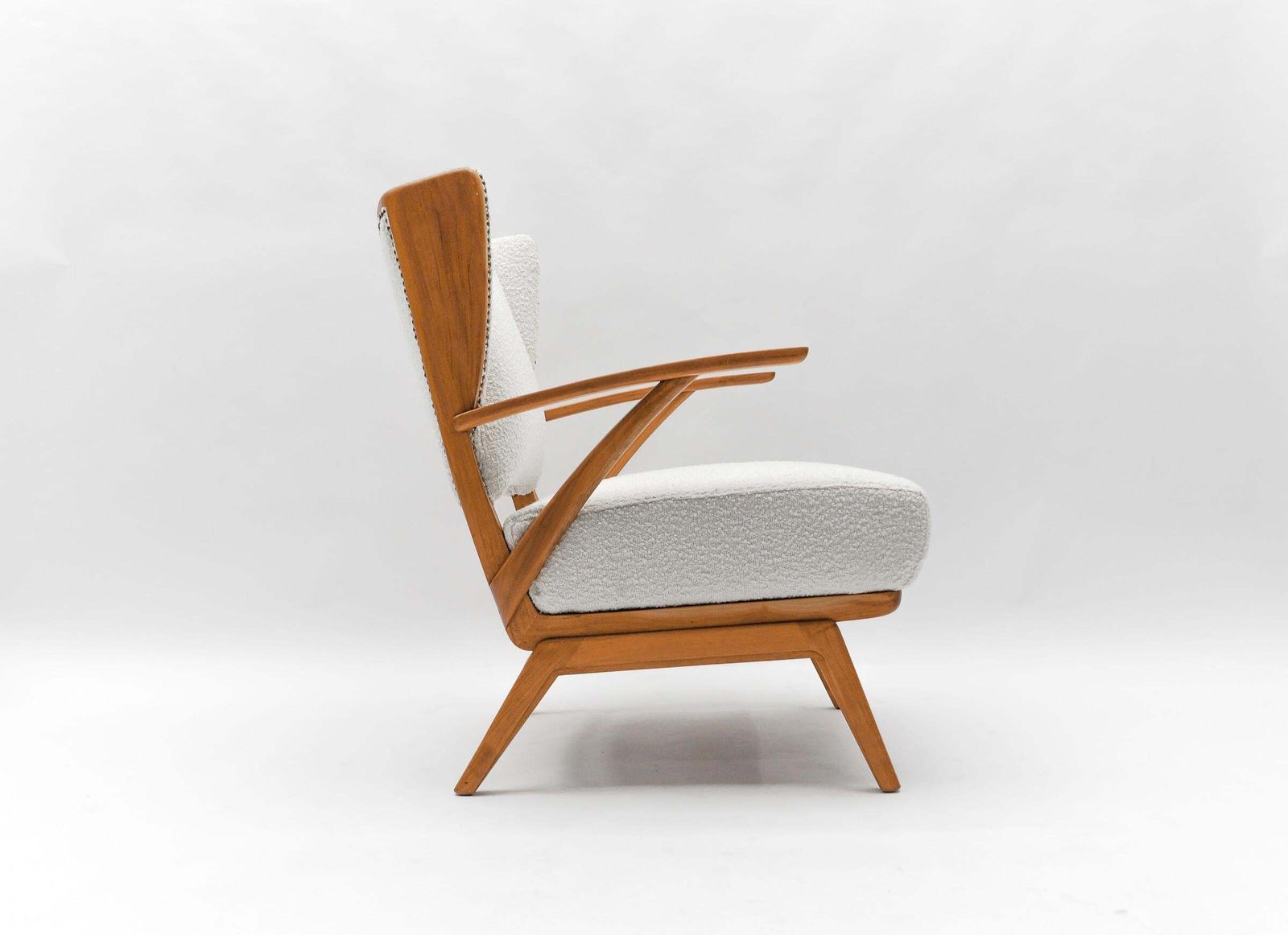 White Boucle Fabric And Wooden Wingback Armchair, Italy, 1950s photo Furniture