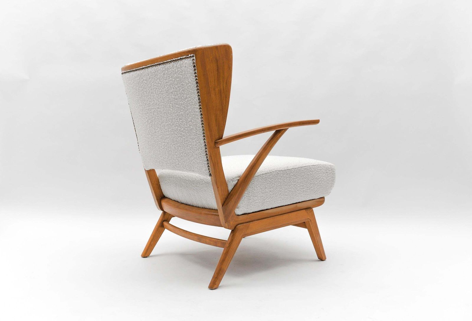White Boucle Fabric And Wooden Wingback Armchair, Italy, 1950s photo 1572.0