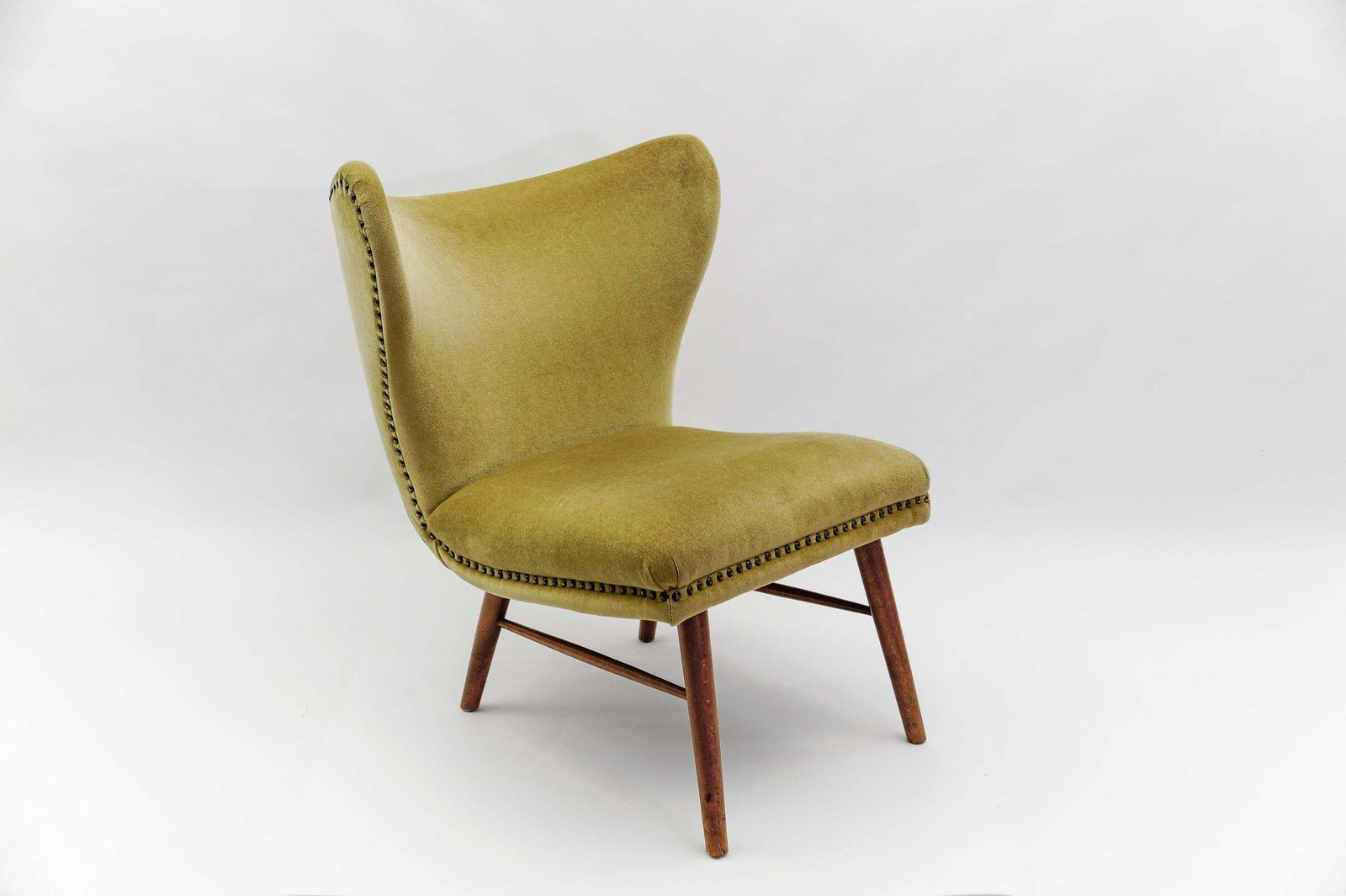 Lovely Mid Century Modern Green Italian Wood & Fabric Wingback Armchair, 1950s photo for sale