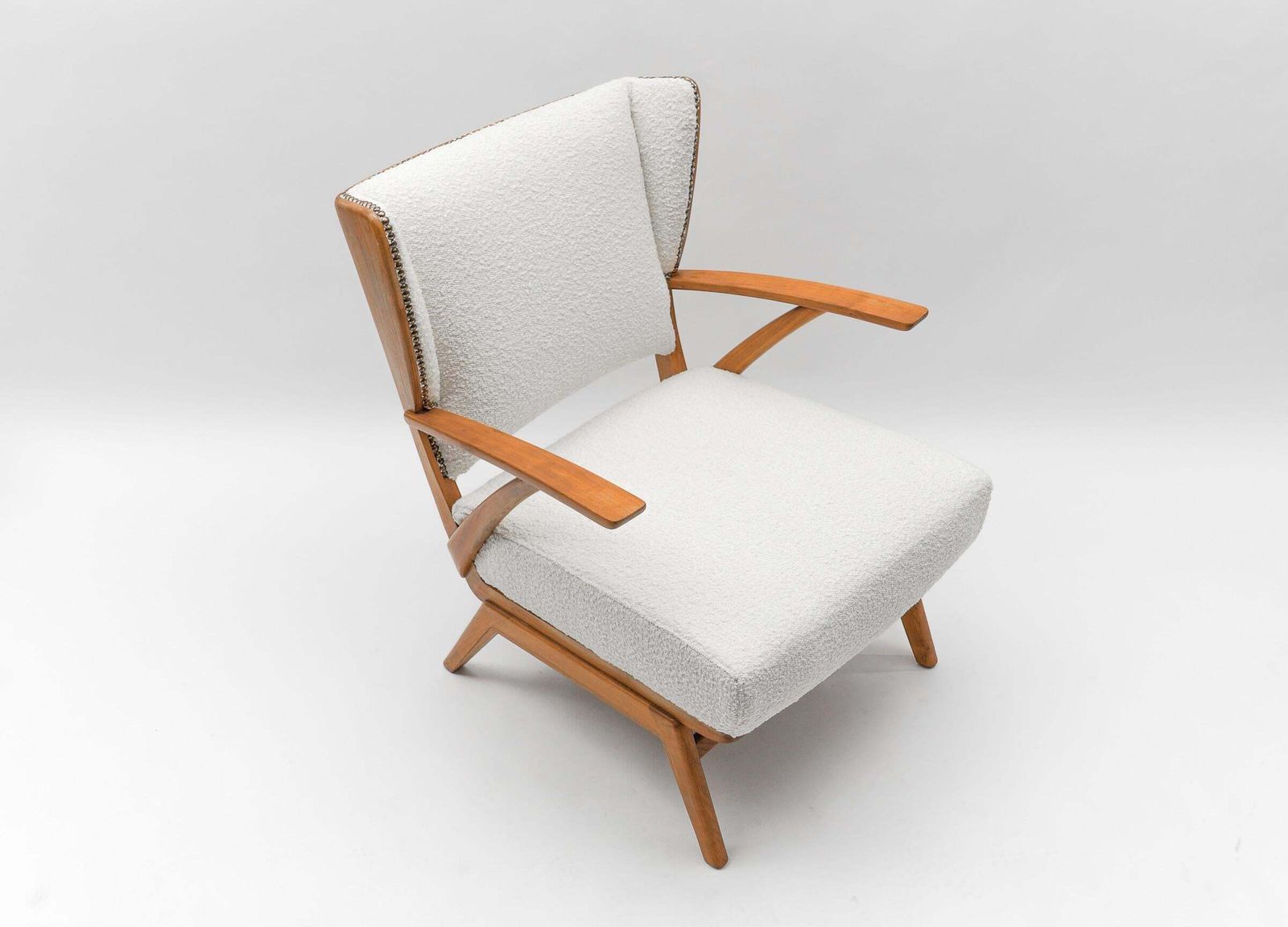 White Boucle Fabric And Wooden Wingback Armchair, Italy, 1950s photo buy