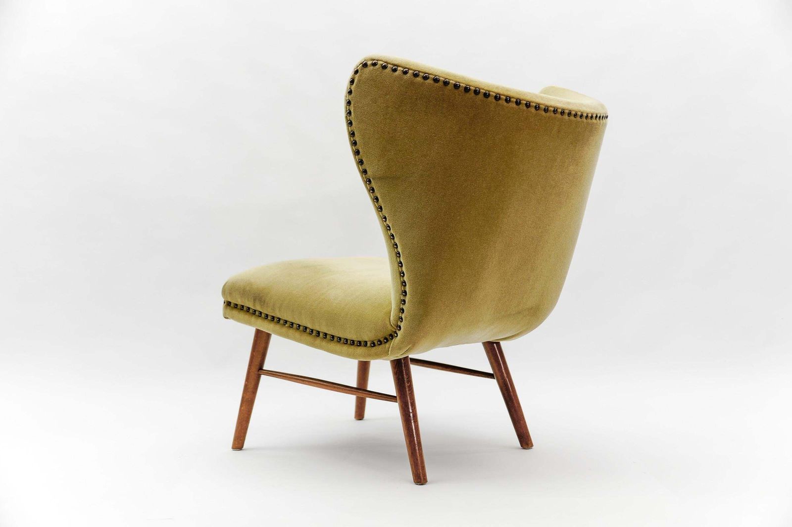 Lovely Mid Century Modern Green Italian Wood & Fabric Wingback Armchair, 1950s photo 1232.0