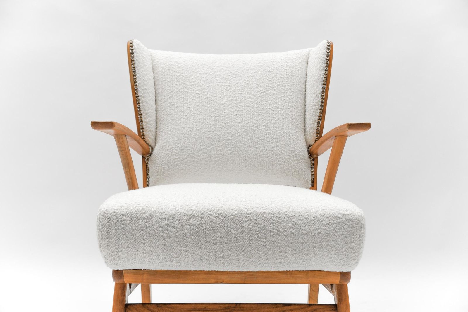 White Boucle Fabric And Wooden Wingback Armchair, Italy, 1950s photo vintage