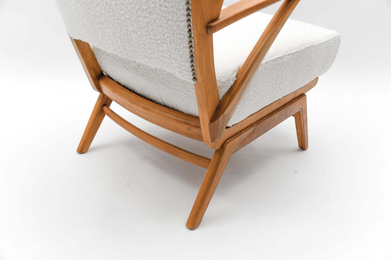 photo furniture White Boucle Fabric And Wooden Wingback Armchair, Italy, 1950s