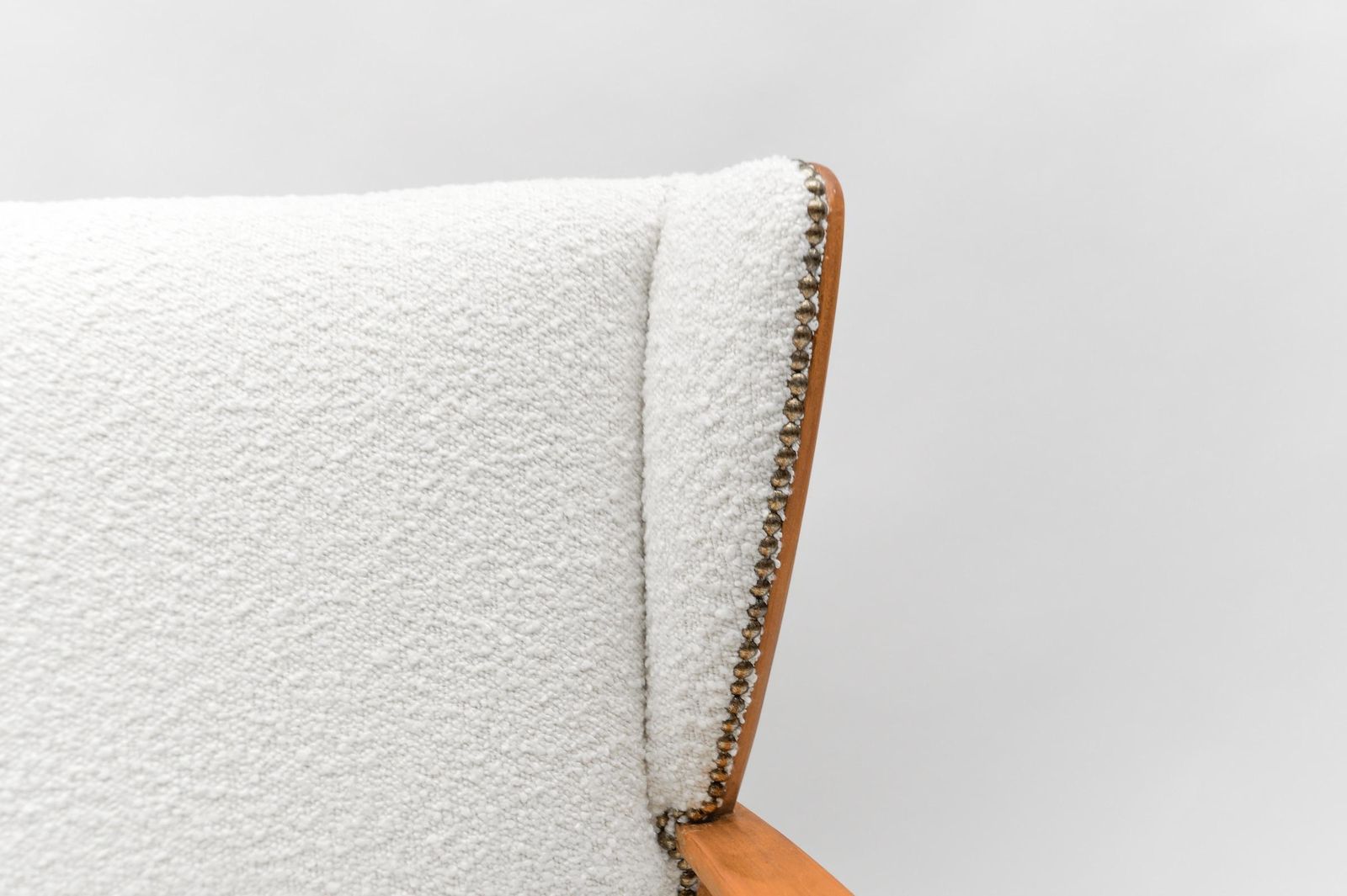 photo for sale White Boucle Fabric And Wooden Wingback Armchair, Italy, 1950s