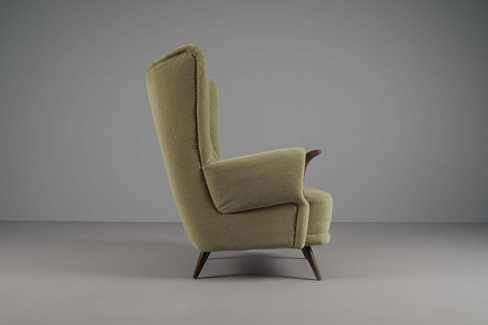 Large Green Italian Wood & Fabric Wingback Armchair, 1950s photo Furniture