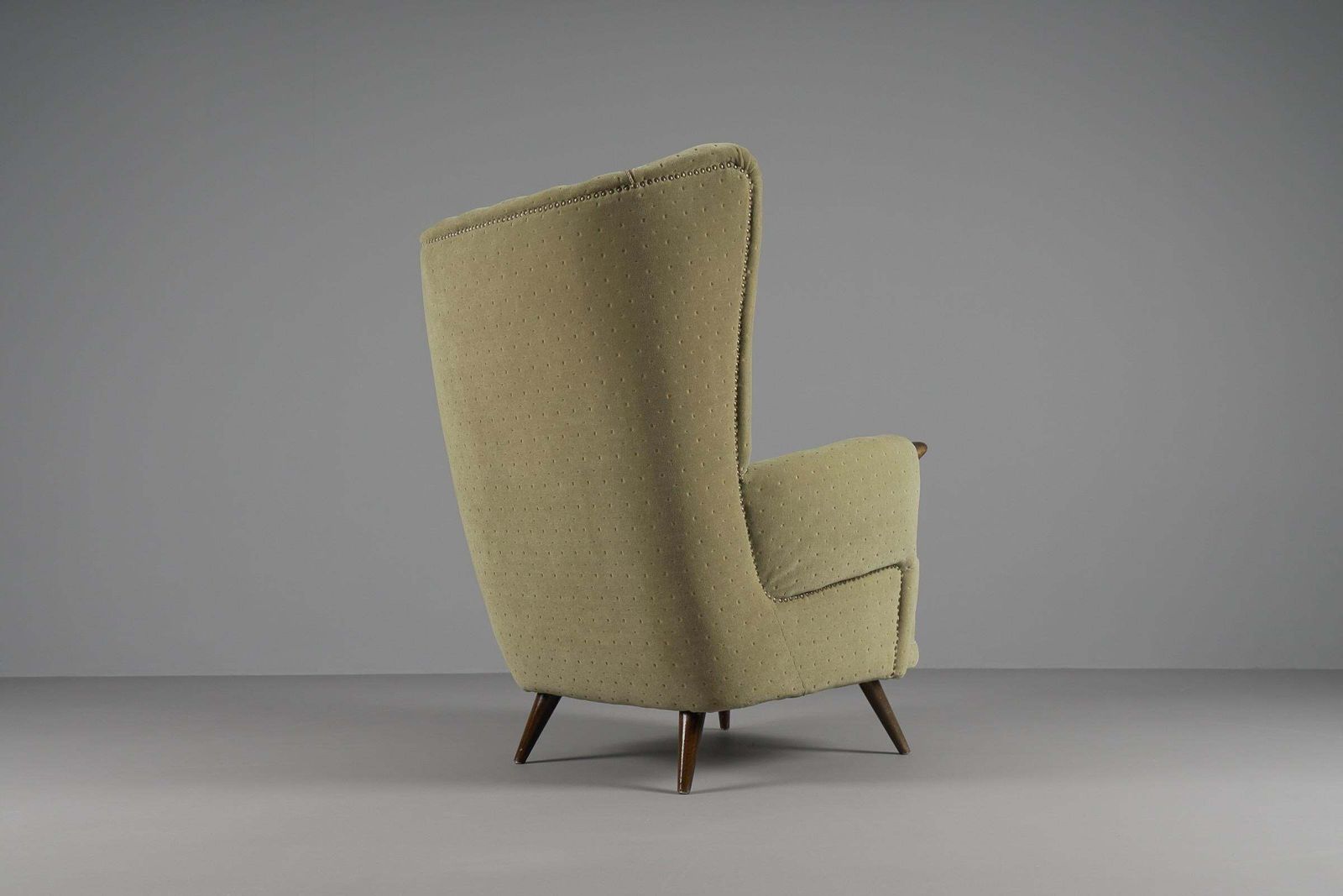 Large Green Italian Wood & Fabric Wingback Armchair, 1950s photo 1827.0