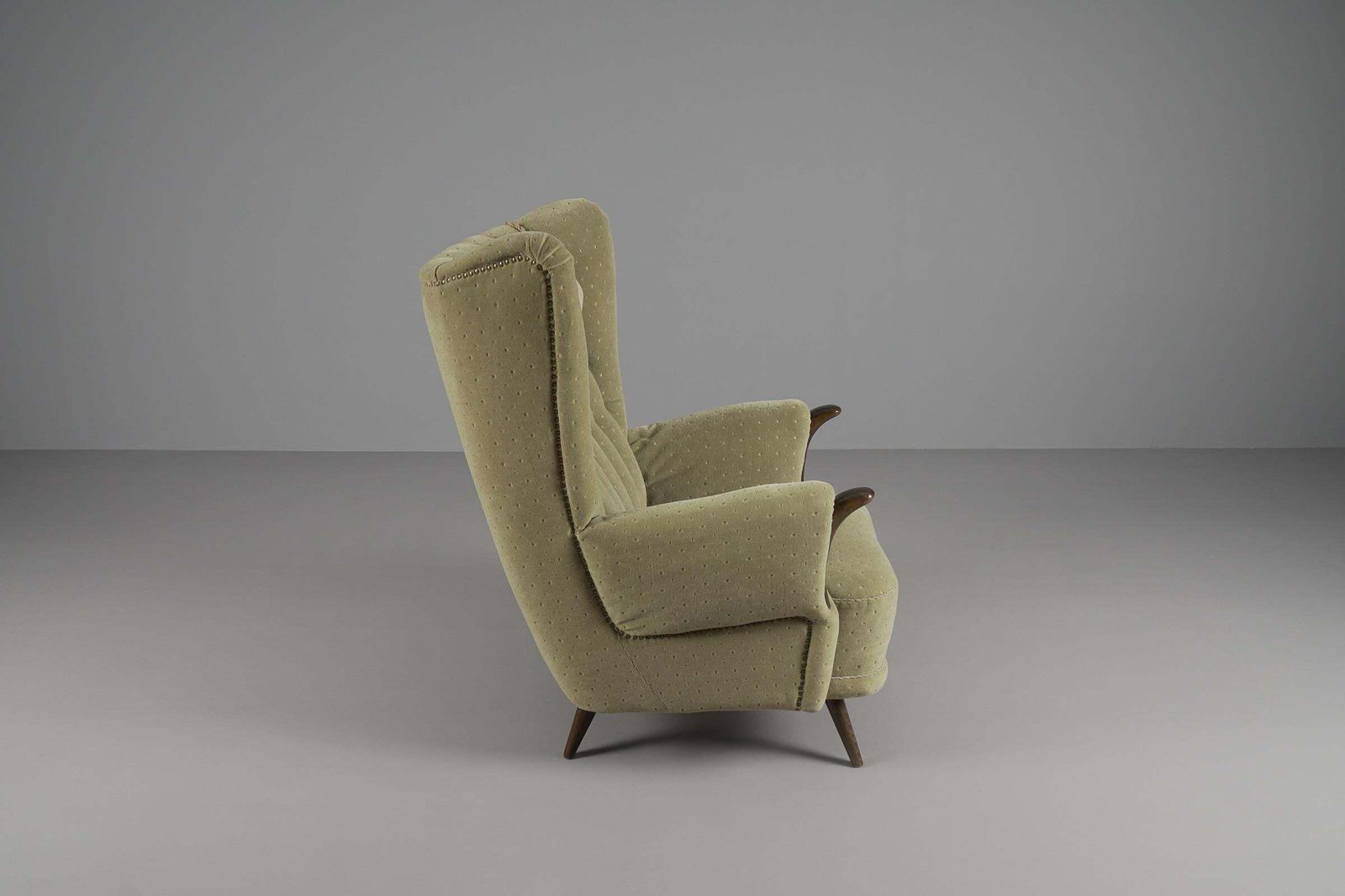 Large Green Italian Wood & Fabric Wingback Armchair, 1950s photo buy