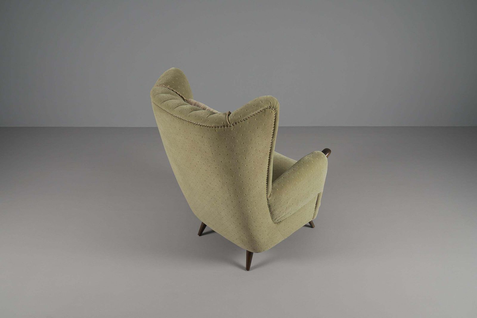 Large Green Italian Wood & Fabric Wingback Armchair, 1950s photo vintage