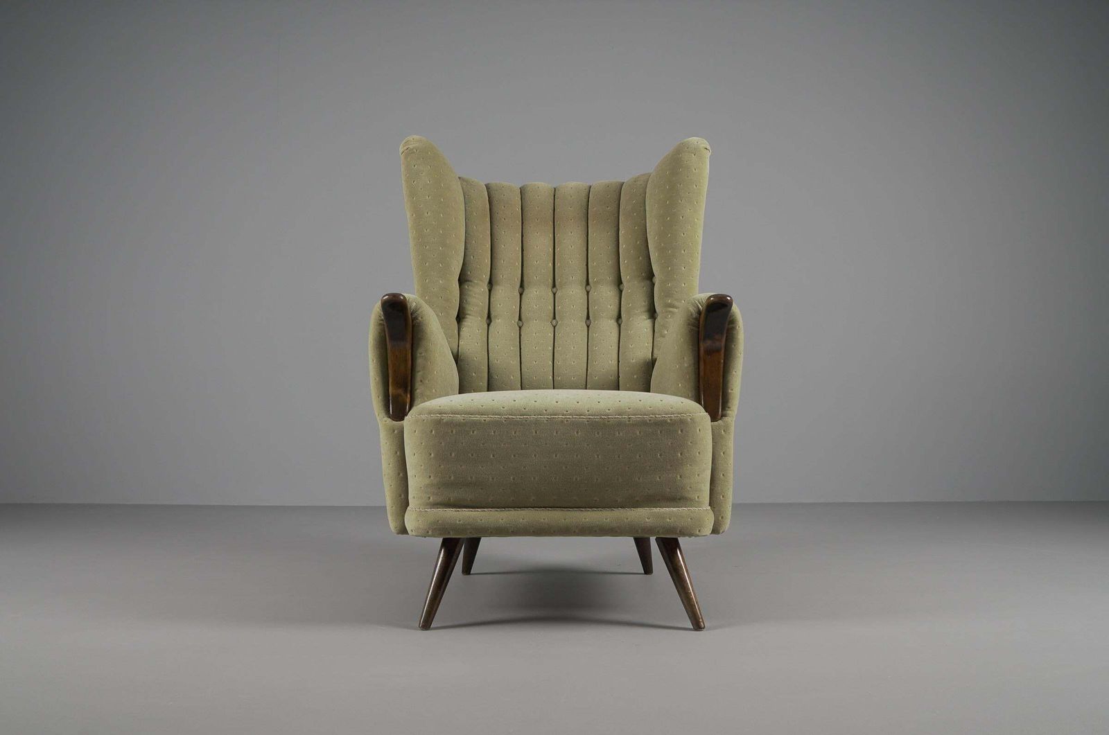photo furniture Large Green Italian Wood & Fabric Wingback Armchair, 1950s